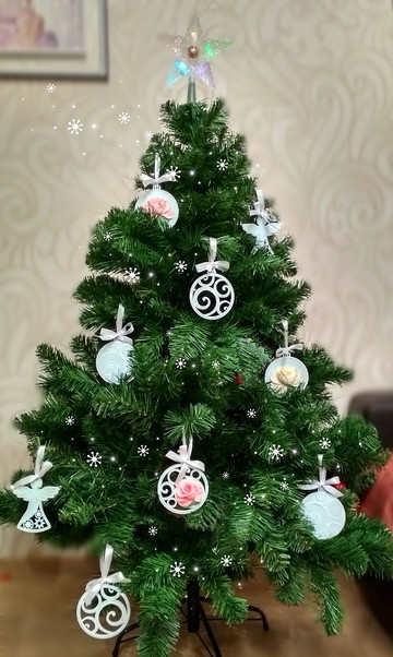 聖誕樹玩具 Set of 9 wooden christmas tree ornaments in blue color with 3D flowers