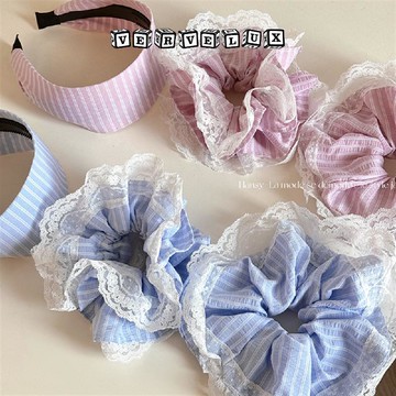 两件9.9折🔥臺灣出貨🔥可開發票✅法式溫柔蕾絲粉藍條紋髮圈鹽系蕾絲少女復古百搭寬邊髮箍髮飾