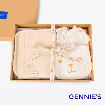 Gennies奇妮 小兔的甜蜜下午茶柔暖禮盒4件組(肚圍+口水兜+手套)(BE55+BE57+BE59)