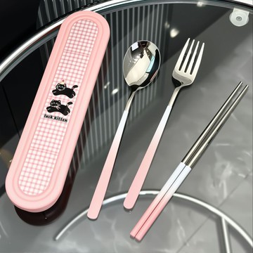 ✅【臺灣出貨】橙北銀簡約餐具粉色藍色餐具勺叉筷不鏽鋼便攜餐具收納盒攪拌勺叉