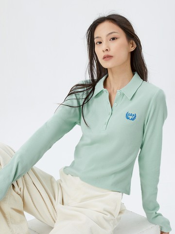 女裝 Logo修身翻領短版羅紋針織衫 女友T系列-薄荷綠