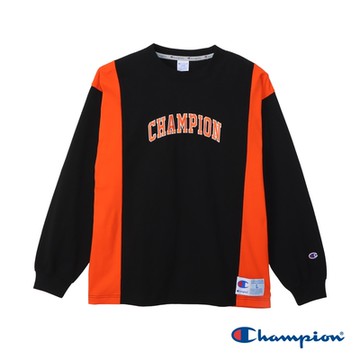 Champion 官方直營-純棉AS 拱型刺繡LOGO拼接長袖TEE-男(黑色)