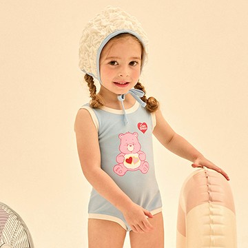 韓國 Care Bears - UPF 50+連身背心式泳裝(附造型泳帽)-卡通人物彩虹熊-天藍