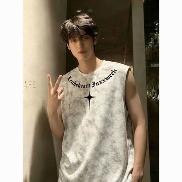 美式復古休閒運動汗背心男士夏季高級感潮流寬鬆扎染坎肩無袖T恤運動背心 內搭背心 背心男 男背心 男內衣 排汗背心 透氣背