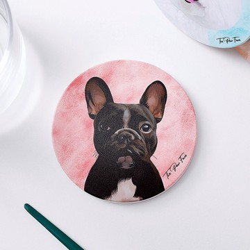 黑色法虎 法鬥 狗狗-圓型陶瓷吸水杯墊/動物/居家用品