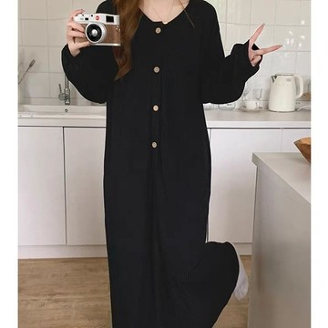 大碼長袖睡裙女春秋新款胖mm學生加長款過膝睡衣家居服女生睡裙 可愛睡裙 卡通睡衣 居家睡裙  休閒睡裙 寬鬆睡裙 居家睡
