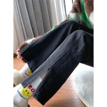 大碼高腰開叉直筒牛仔褲女胖MM2025年春季新款寬松闊腿拖地長褲子