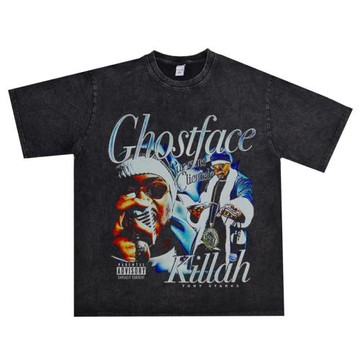 數碼直噴硬核說唱歌手GhostfaceKillah做舊T恤短袖寬松重磅純棉