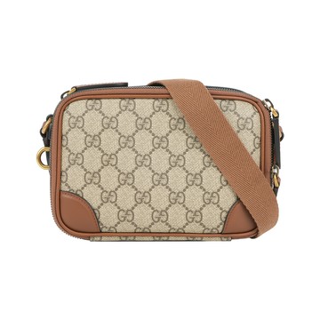 GUCCI GG Emblem 迷你雙拉鍊斜背包(烏木/深棕色)