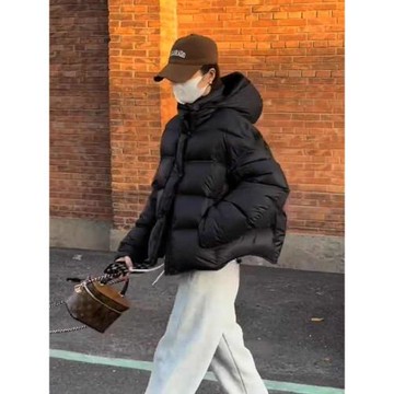 泡芙龜背黑色短款羽絨服女2024冬季新款加厚白鴨絨連帽面包服外套