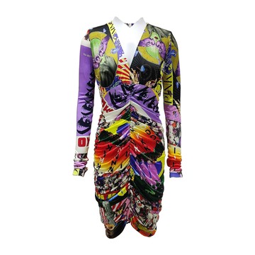 PINKO下擺抽皺長袖Ｖ領洋裝