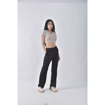 (M) 高腰條紋黑色長褲二手衣