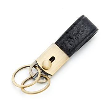 FOCUS經典植鞣真皮活動雙扣環鑰匙圈_藍綠兩色任選(F0032)