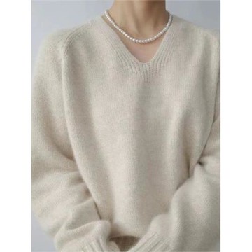 高級感寬松慵懶風上衣V領針織羊毛衫女春季加厚簡約打底外穿毛衣