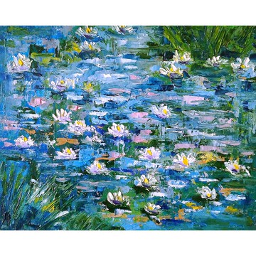 睡蓮油畫原創藝術，莫奈池塘景觀，厚塗花卉藝術