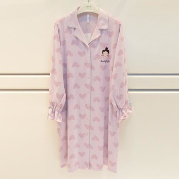 安之伴睡衣秋季新品女士純棉針織甜美可愛愛心開衫寬松睡裙家居服
