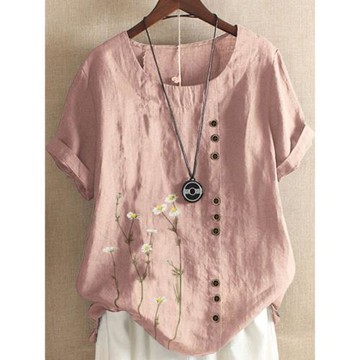 夏季大碼短袖T恤棉麻印花文藝襯衣胖MM寬松顯瘦上衣休閑亞麻女裝