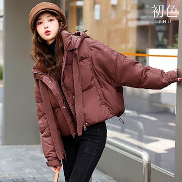 初色 純色高領長袖單排釦雙口袋拉鍊保暖防風科技保暖纖維連帽外套女外套-共2色-17148(M-3XL可選)