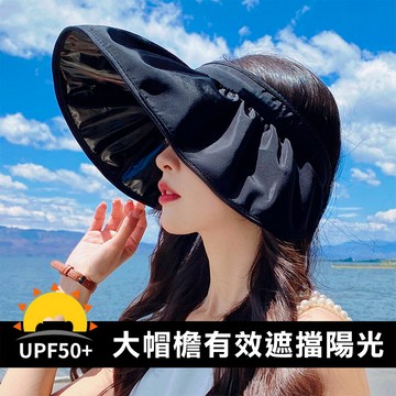 髮箍兩用遮陽帽 折疊防曬帽 UPF50+防紫外線帽 黑膠帽 空頂帽 丸子頭 馬尾帽-321寶貝屋