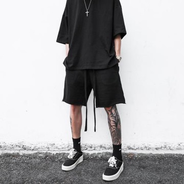 KANYE侃爺歐美高街短褲男潮牌毛圈飄帶毛邊純色運動寬松五分褲夏