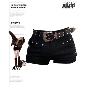 【ANT】黑色辣妹低腰顯瘦牛仔熱褲女 短褲 熱褲 牛仔褲 低腰牛仔褲 牛仔短褲 包臀 黑色短褲 美式 低腰短褲 短褲牛仔