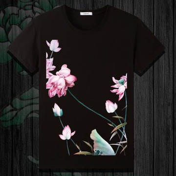 荷花印花夏新款短袖純棉T恤衫圓領男女同款寬松衣服打底衫潮