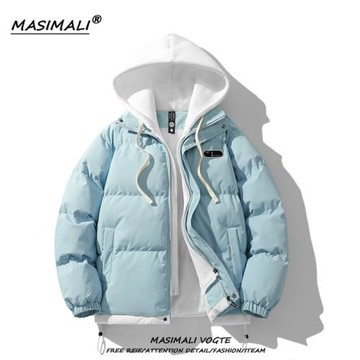 vintage美式潮牌加厚連帽假兩件羽絨棉外套情侶學生秋冬時尚棉襖