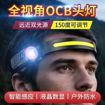 跨境新款硅膠雙頭可充電夜跑步騎行野露營感應頭戴燈 可調COB頭燈
