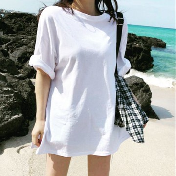 T恤 短袖T 女生上衣 落肩T 韓版時尚圓領寬鬆下擺開岔長版T  022197