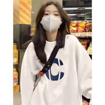 白色圓領衛衣女春秋薄款加絨2025年新款秋冬季上衣無帽套頭外套潮