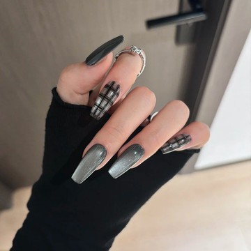 🎀Hannah🎀新年優選純手工穿戴甲秋日灰係格紋金屬貓眼複古輕奢風百搭顯白美甲貼成品中款2026新款上新MJ11