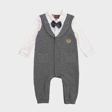 //周歲派對.花童禮服推薦// George系列灰直條立領領結連身衣