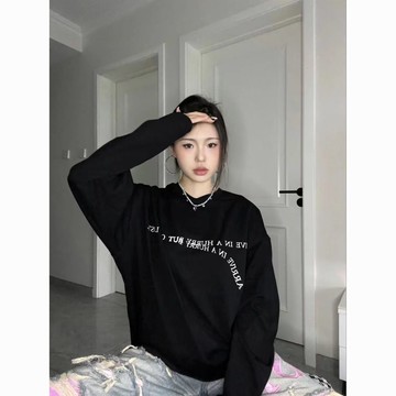 T恤長袖純棉字母印花女歐美潮牌高街寬松情侶裝上衣打底衫新款【倪醬】