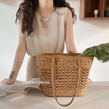 DANKE韓國ins單肩草編包大容量托特包包女2022新款法式手提編織包