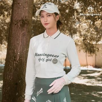 【Munsingwear 企鵝】女款白色LOGO印花笑臉長袖POLO衫 MLUT2B00
