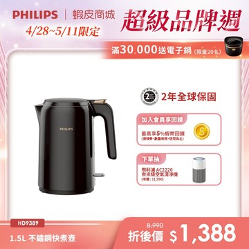 【PHILIPS 飛利浦】1.5L 不鏽鋼快煮壺(HD9389/80) | 廚房家電