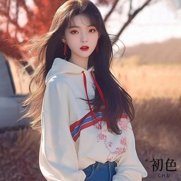 初色 印花撞色條紋連帽抽繩衛衣長袖帽T上衣女上衣-白色-38196(M-3XL可選)