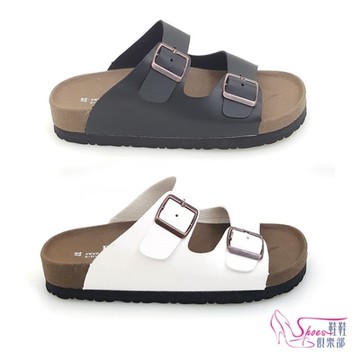 拖鞋．台灣製MIT美式風格寬皮帶二環扣休閒拖鞋．白/黑【鞋鞋俱樂部】【189-8055】