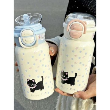 小清新ins水杯可愛小黑貓大容量高顏值316不銹鋼保溫水杯彈跳杯子