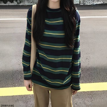韓版女裝復古港風寬鬆條紋長袖T恤遮肉顯瘦打底上衣