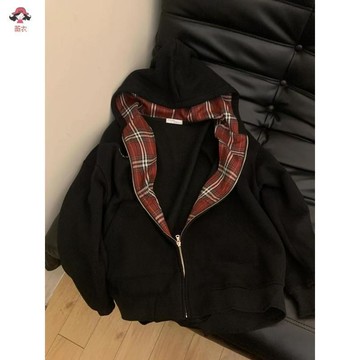 台灣出貨 連帽外套 女生外套 甜美少女感!!!【格紋拼接】韓系學院風連帽衛衣女INS加絨韓版外套秋冬外套