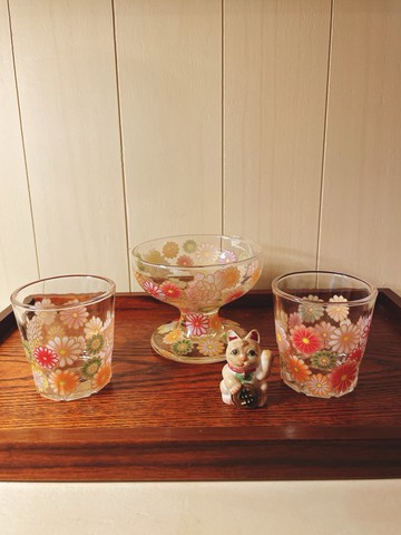 手工製作的和服圖案花卉圖案烈酒杯2個、甜點杯組