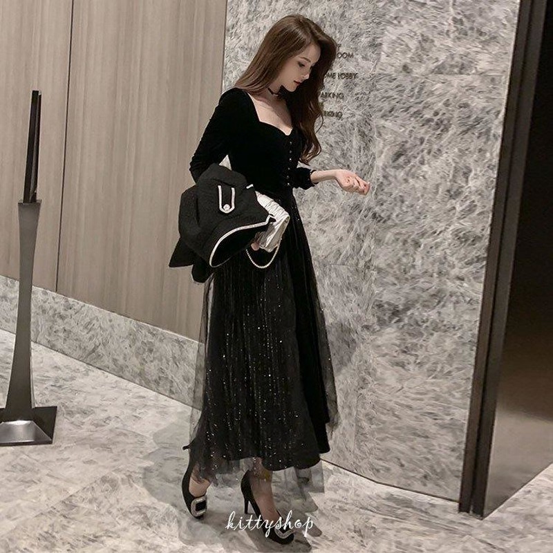 激安ブランド ベロア ベルベット Aライン ロングワンピース Vネック