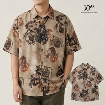 『1068』美式復古 滿版人物插畫短袖襯衫 串珠領繩小眾設計寬鬆慵懶上衣 UNISEX【A91882】