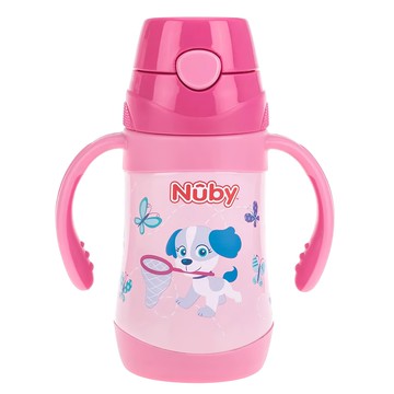 Nuby 不銹鋼真空學習杯 細吸管  花漾犬 粉色  280ml  1個