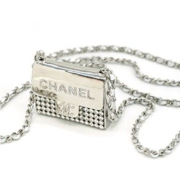 Chanel 香奈兒 展示品 皮穿鍊水鑽掀蓋迷你斜背包吊飾(銀)