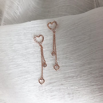 方糖家 通體925純銀流蘇愛心耳環 可愛百搭秀氣鏤空鑲鉆鏈條耳釘1入