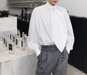 FINDSENSE H1 2018 新款 文藝 樹葉領型設計 長袖 純色襯衫 潮流 時尚 男 襯衣 獨家款