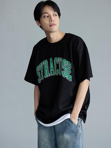 SYRACUSE文字落肩TEE (黑色)