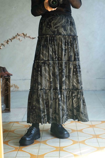 尋寶古著-灰黑色變形蟲印花層次蛋糕長裙